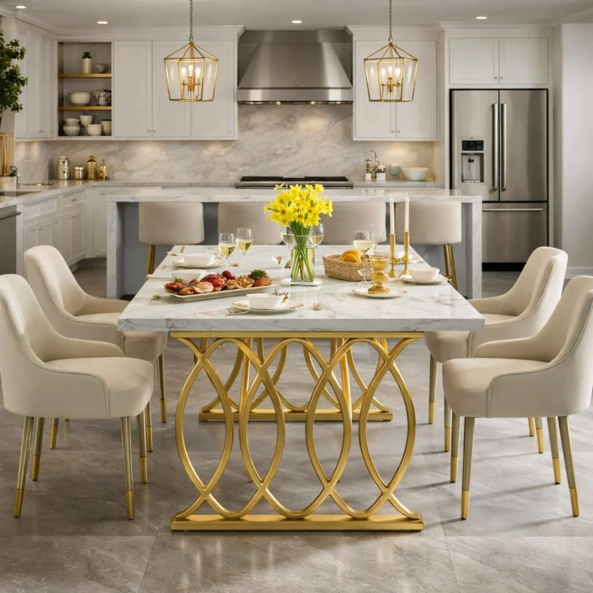 The Aurelia Estate Dining Table | Marble-Finish & Gold Geometric Base - Image 3