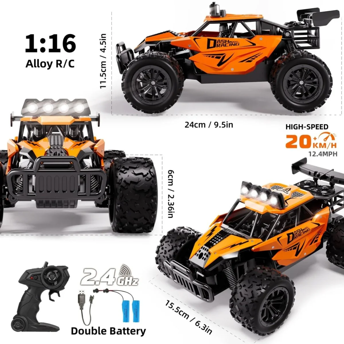 Alloy Off-Road Monster Truck with LED Lights & Dual Batteries - 1:16 High-Speed RC Car (20km/h) - Image 9