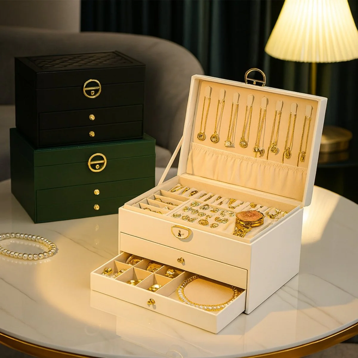 Luxurious Large Jewelry Organizer Box - 3-Layer Quilted Leather Case with Drawers, Necklace Hooks & Watch Holder - Perfect Gift for Her - Image 6