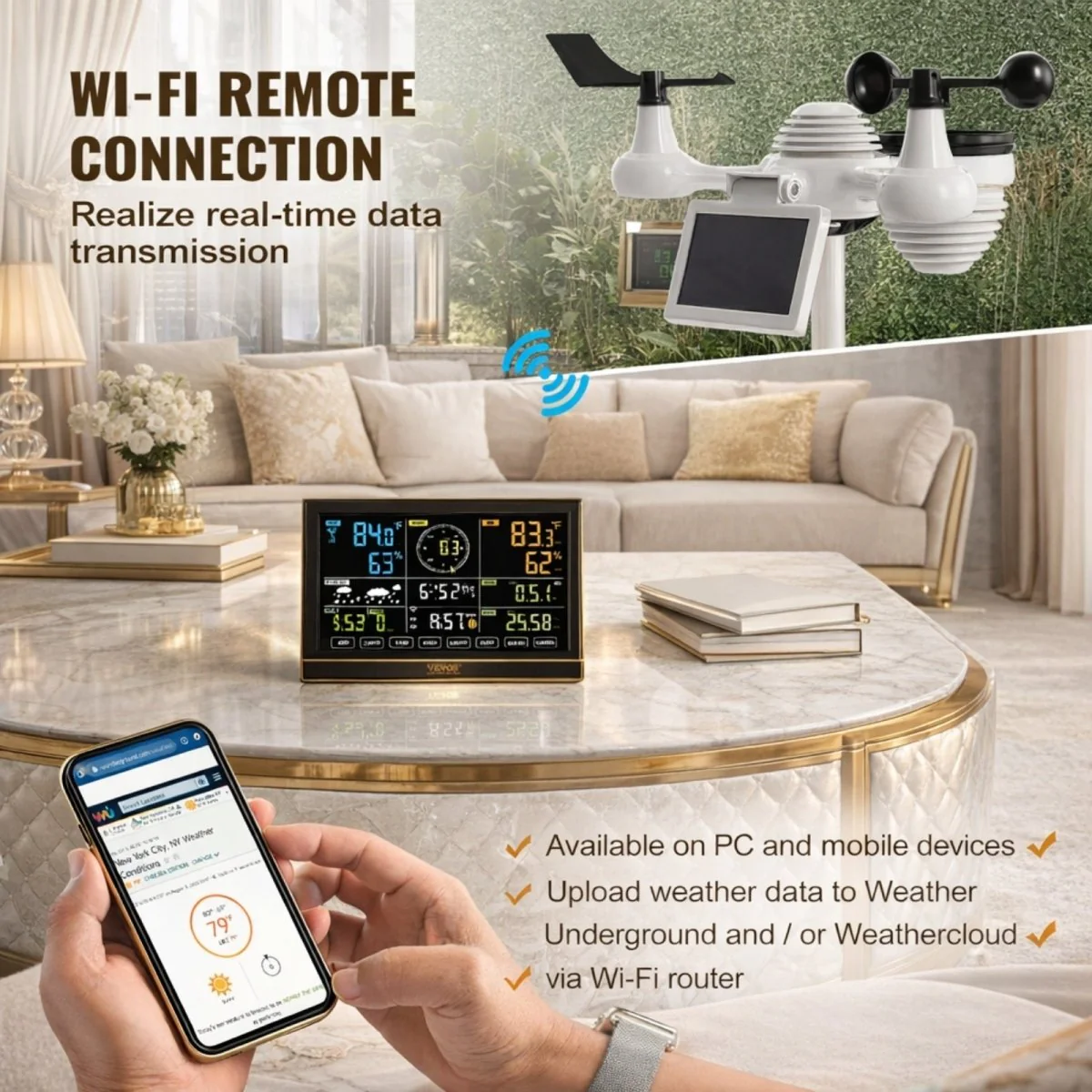 Professional WiFi Weather Station with 7-in-1 Solar Sensor & Color Display for Weather Underground, Measures Wind, Rain, UV, Temp & Humidity | Kouvr - Image 2