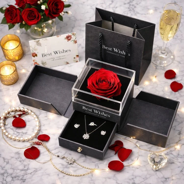 Preserved Real Rose Gift Box with Necklace Earrings Set for Her | Eternal Flower Jewelry Box | Romantic Anniversary, Birthday Gift for Wife, Girlfriend | Kouvr - Image 11