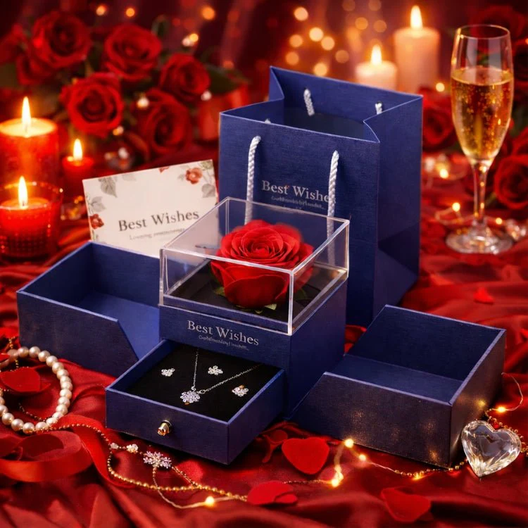 Preserved Real Rose Gift Box with Necklace Earrings Set for Her | Eternal Flower Jewelry Box | Romantic Anniversary, Birthday Gift for Wife, Girlfriend | Kouvr - Image 16