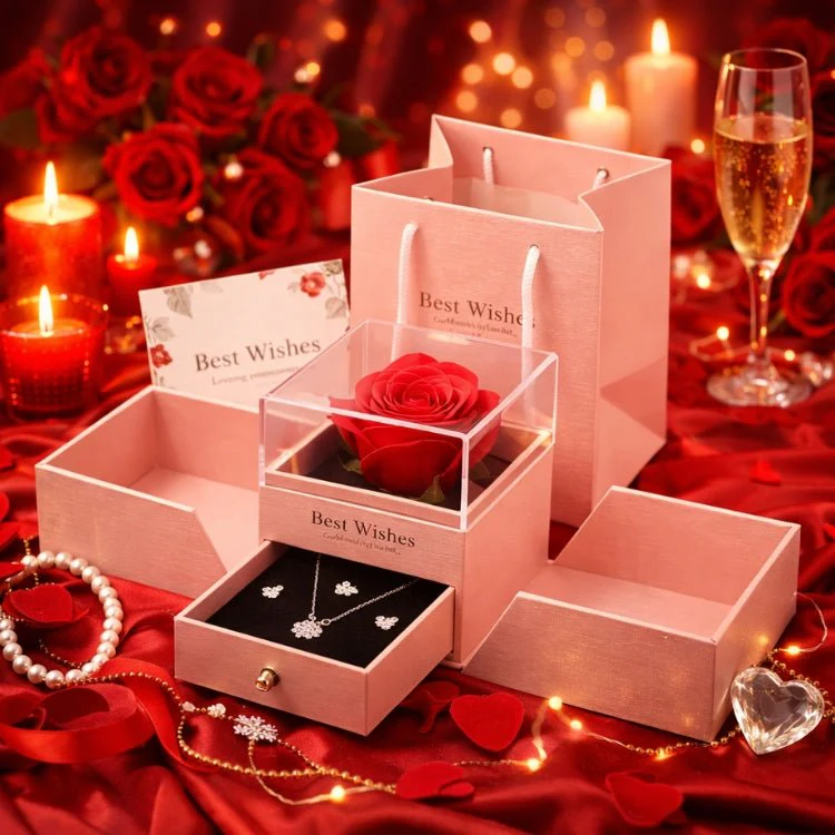 Preserved Real Rose Gift Box with Necklace Earrings Set for Her | Eternal Flower Jewelry Box | Romantic Anniversary, Birthday Gift for Wife, Girlfriend | Kouvr - Image 8