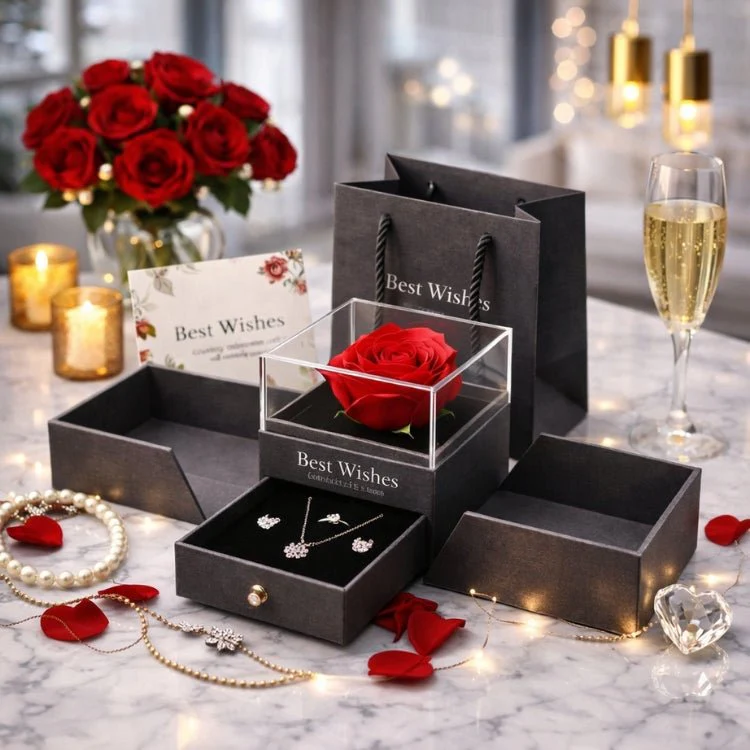 Preserved Real Rose Gift Box with Necklace Earrings Set for Her | Eternal Flower Jewelry Box | Romantic Anniversary, Birthday Gift for Wife, Girlfriend | Kouvr - Image 9