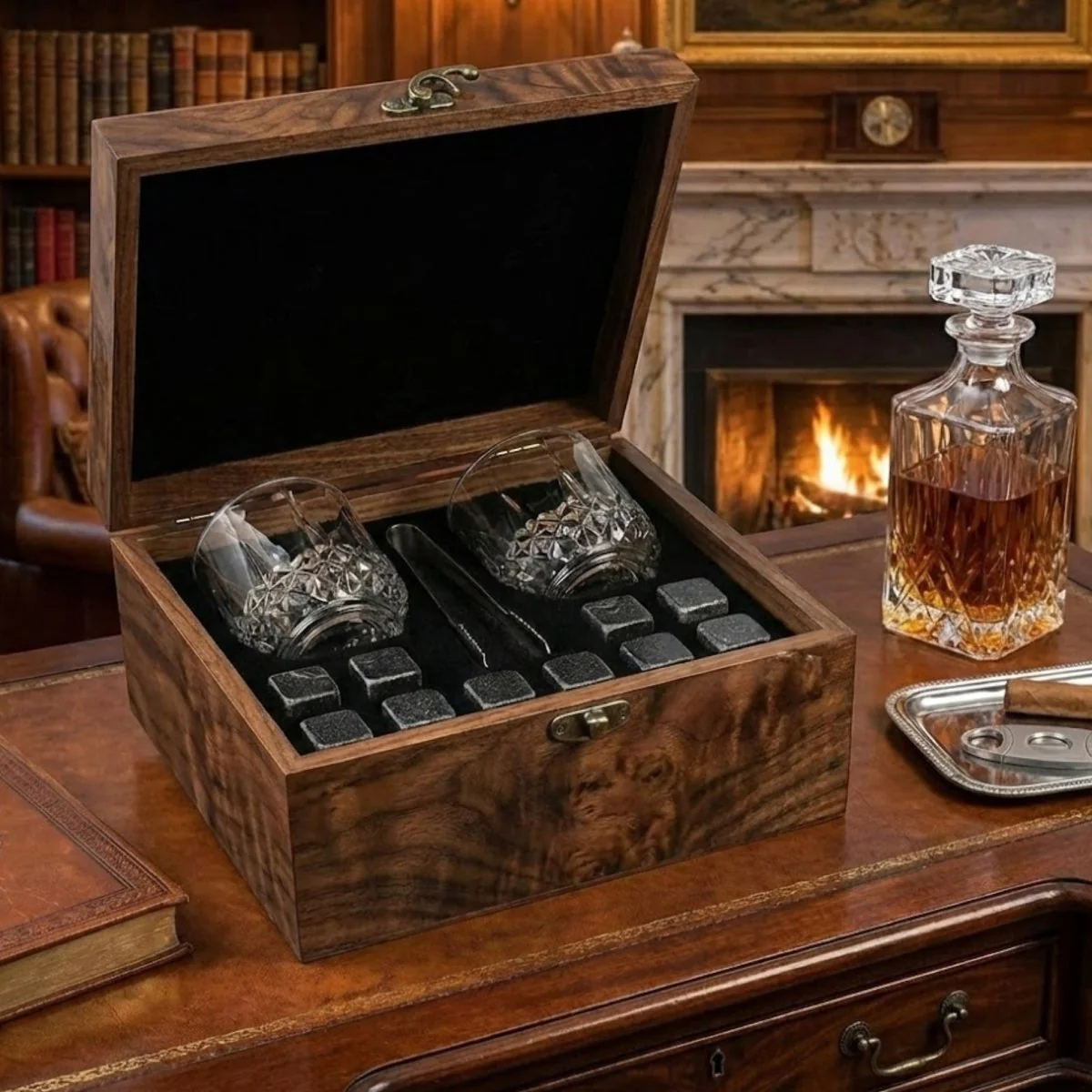 Premium Whiskey Stones & Glass Gift Set | 2 Crystal Tumblers, 8 Granite Rocks in Wood Box | Luxury Gift for Men, Dad & Groomsmen - Image 3