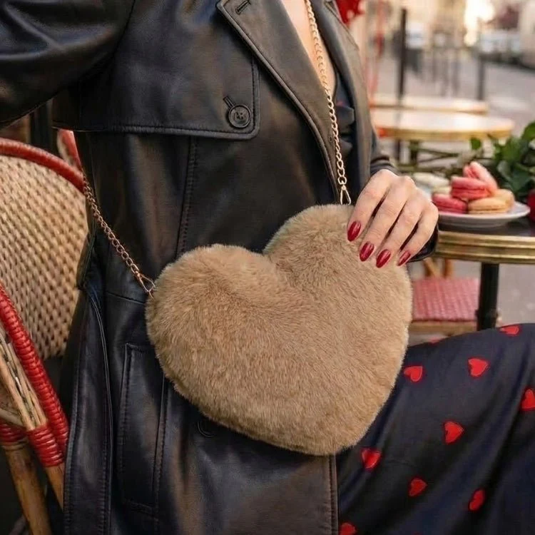 Amour Red Heart Bag - Faux Fur Crossbody Handbag with Gold Chain - Bold Crimson Statement Piece - Image 19