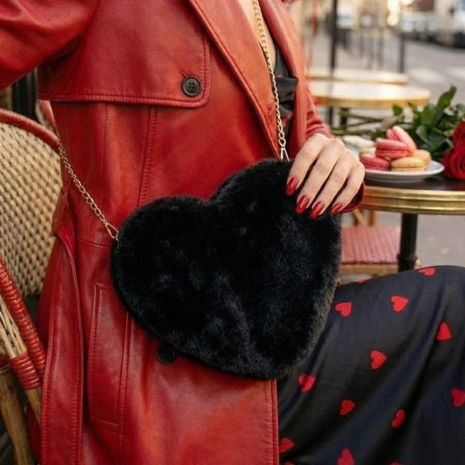 Amour Red Heart Bag - Faux Fur Crossbody Handbag with Gold Chain - Bold Crimson Statement Piece - Image 22