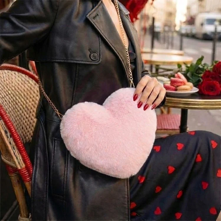 Amour Red Heart Bag - Faux Fur Crossbody Handbag with Gold Chain - Bold Crimson Statement Piece - Image 7