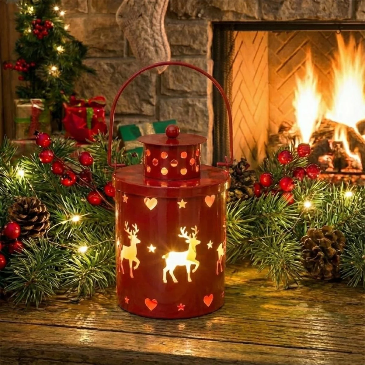 Christmas LED Candle Lantern – Rustic Metal Reindeer, Tree & Snowflake Designs – Flameless Holiday Decor - Image 6